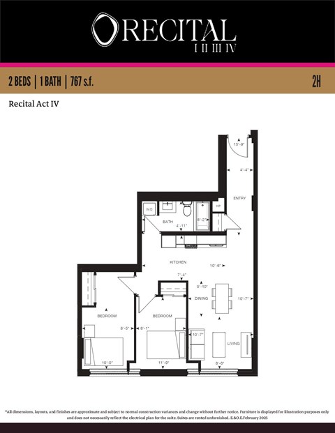 A floor plan for the Recital Act IV building shows 2 bedrooms, 1 bath, and 765 square feet.